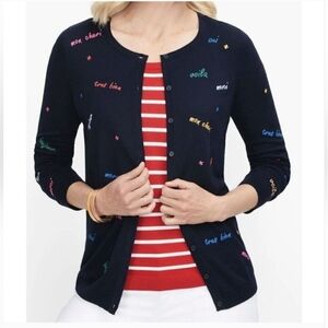 Talbots Blue Cardigan Sweater with Embroidered Details